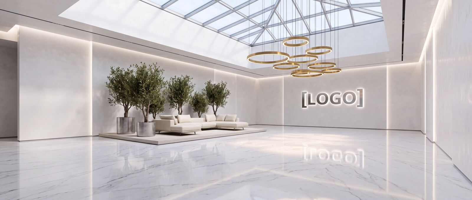 The Atelier showroom concept — white marble with olive trees