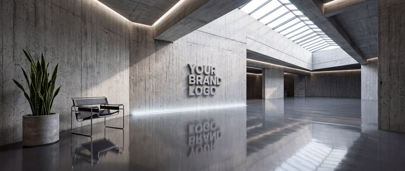The Courtyard showroom concept — glass-walled space with grasses