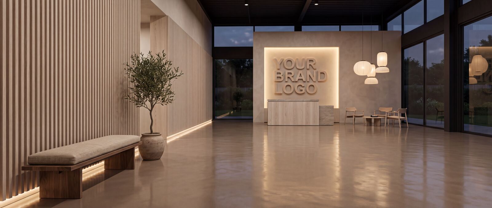 The Reception showroom concept — warm wood interior at dusk