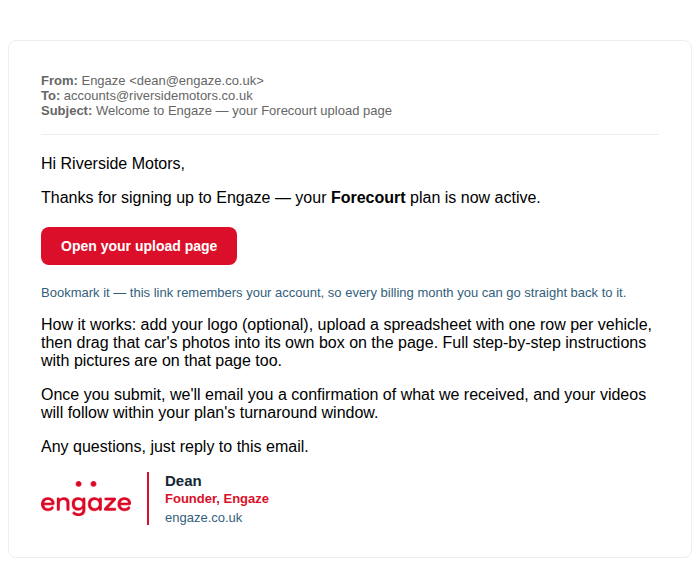 Welcome email with a button to open your upload page
