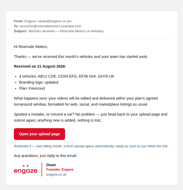 Dealer confirmation receipt email